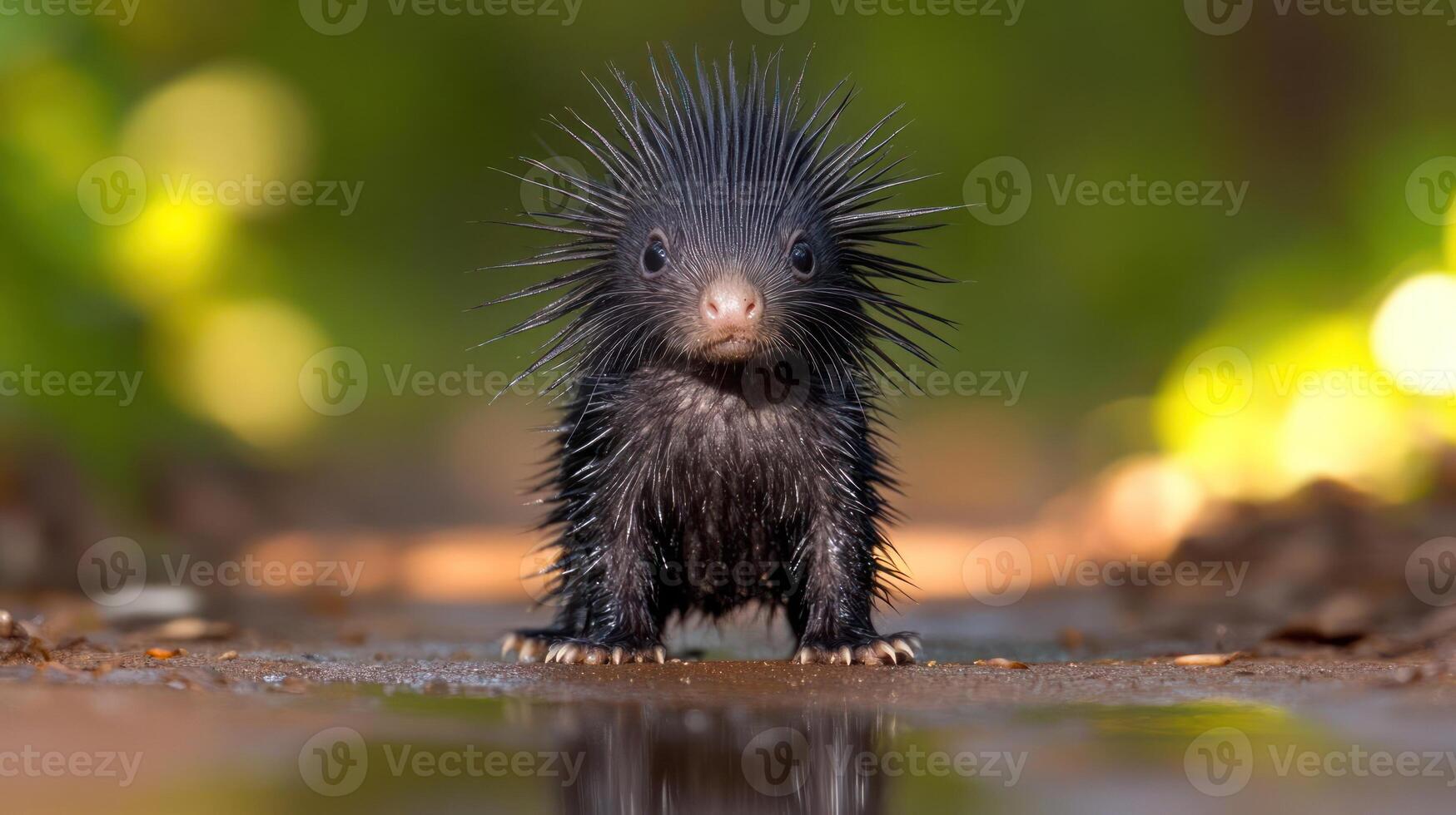 A small black porcupine with spines on its back photo