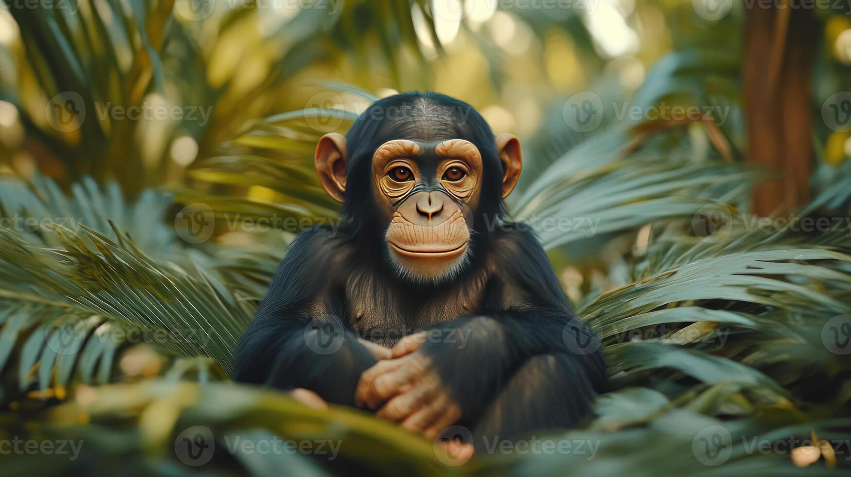 A chimpanzee sitting in a forest surrounded by leaves and branches photo