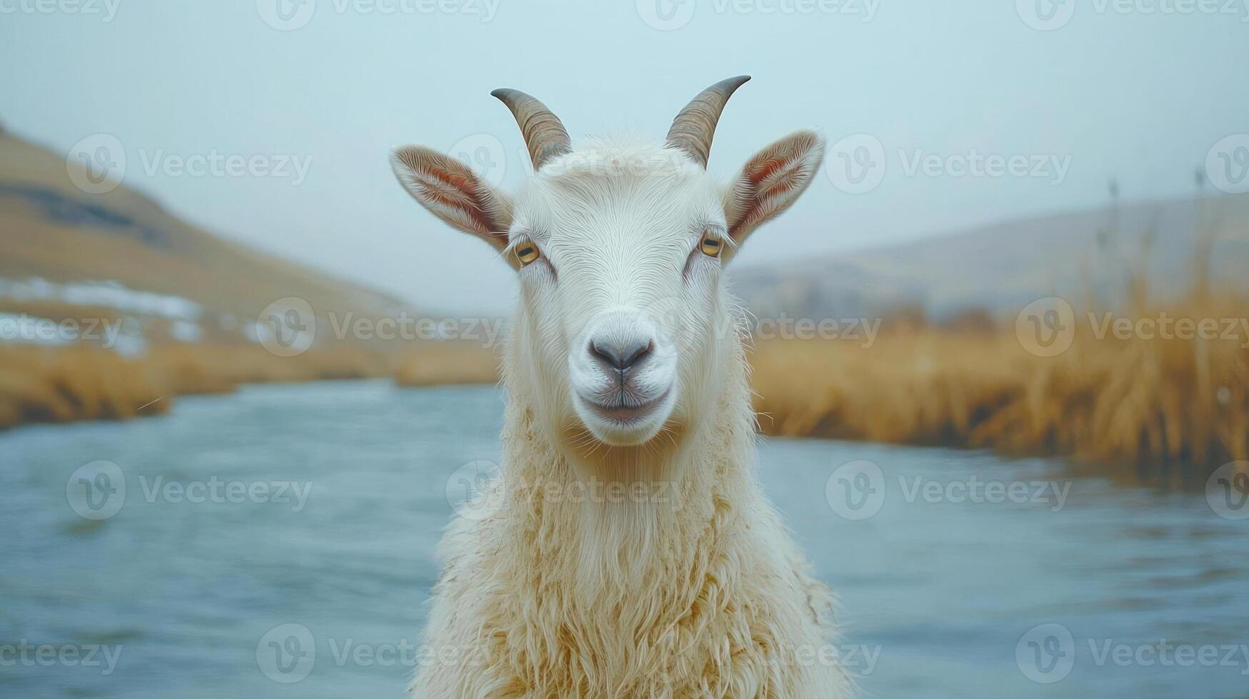 White Goat Standing by a Body of Water photo