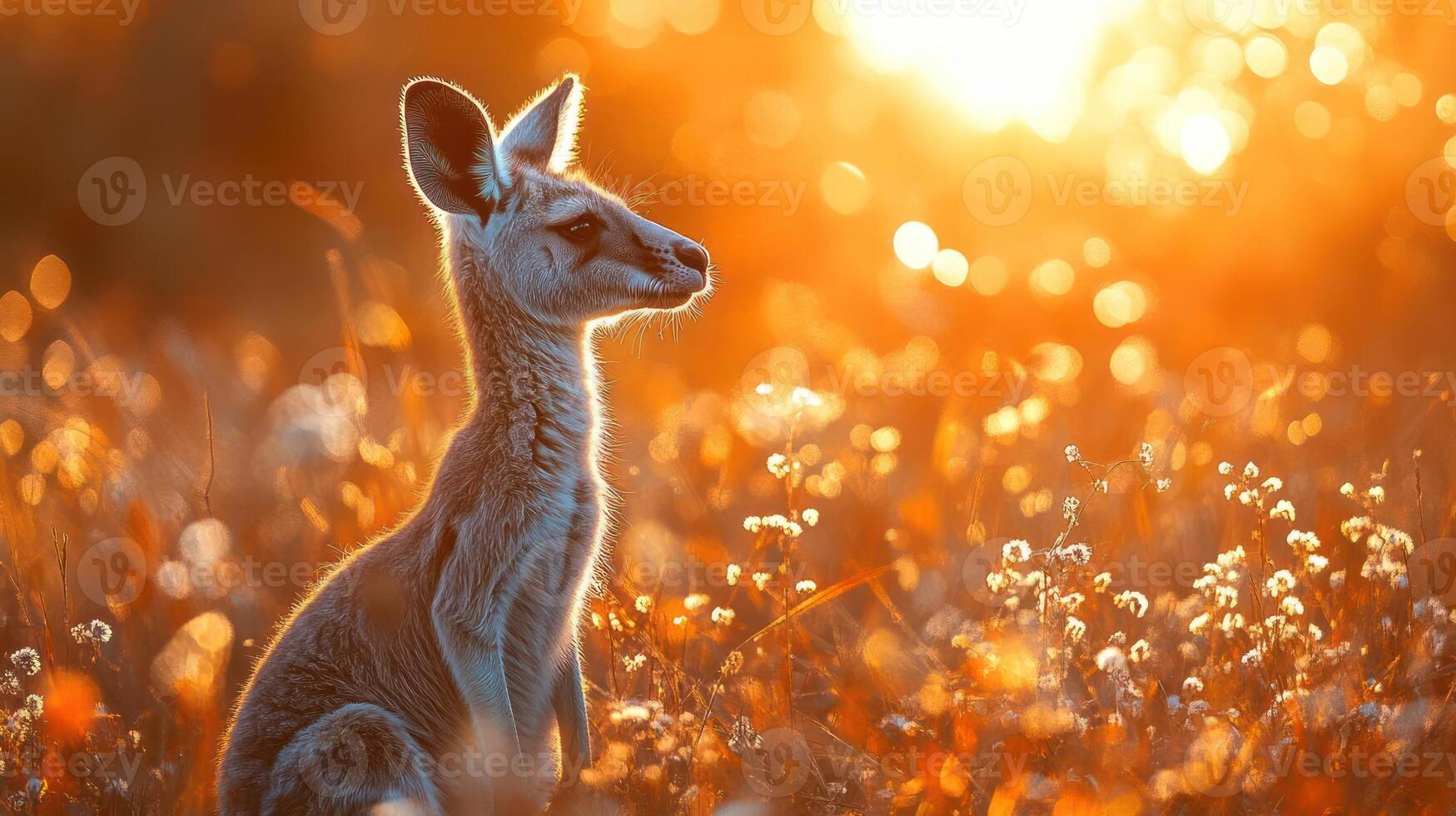 A kangaroo sitting in a field of flowers photo