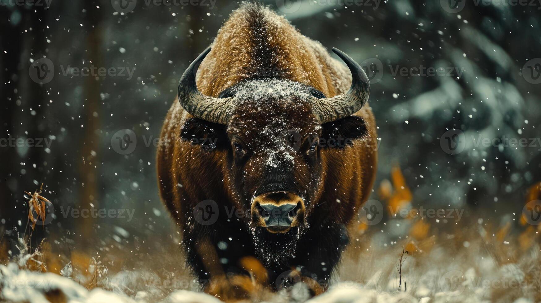 Bison in winter landscape with snow and trees photo