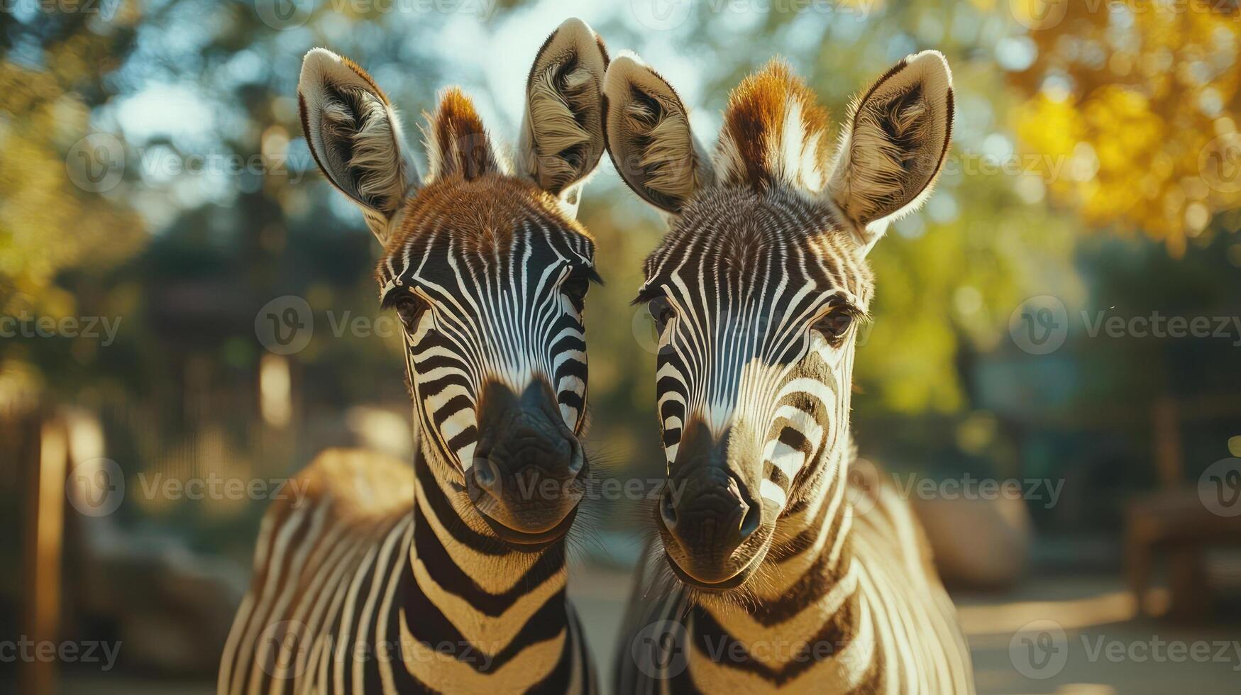 Two zebras standing together in a field. photo