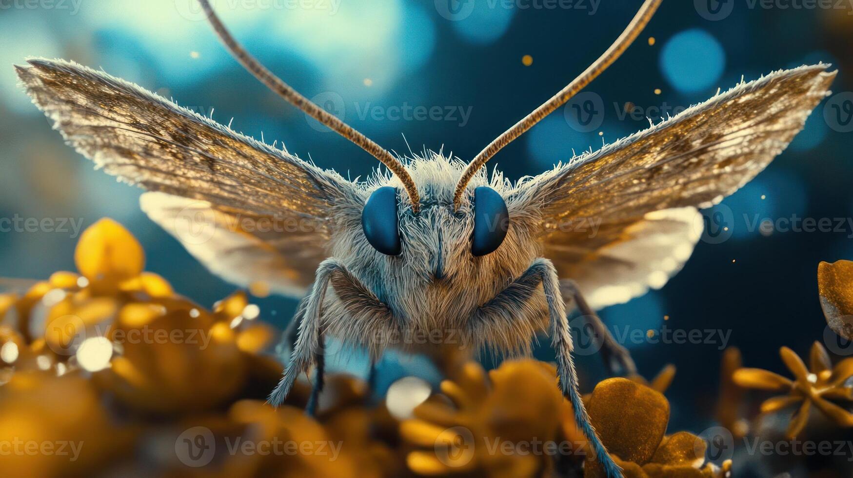 A close-up of a moth with large eyes and fuzzy wings photo