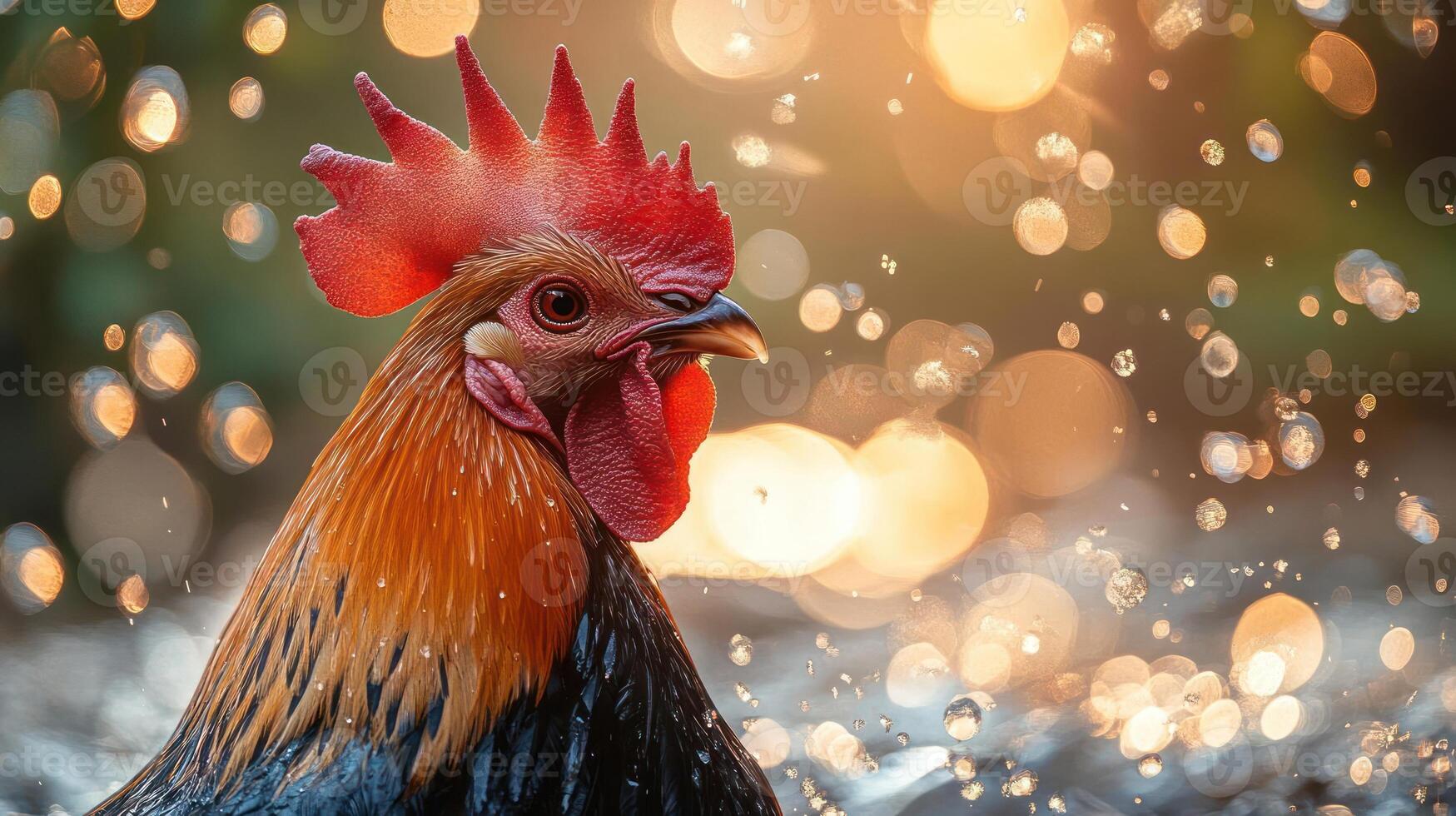 a close-up of a rooster's head with water droplets photo