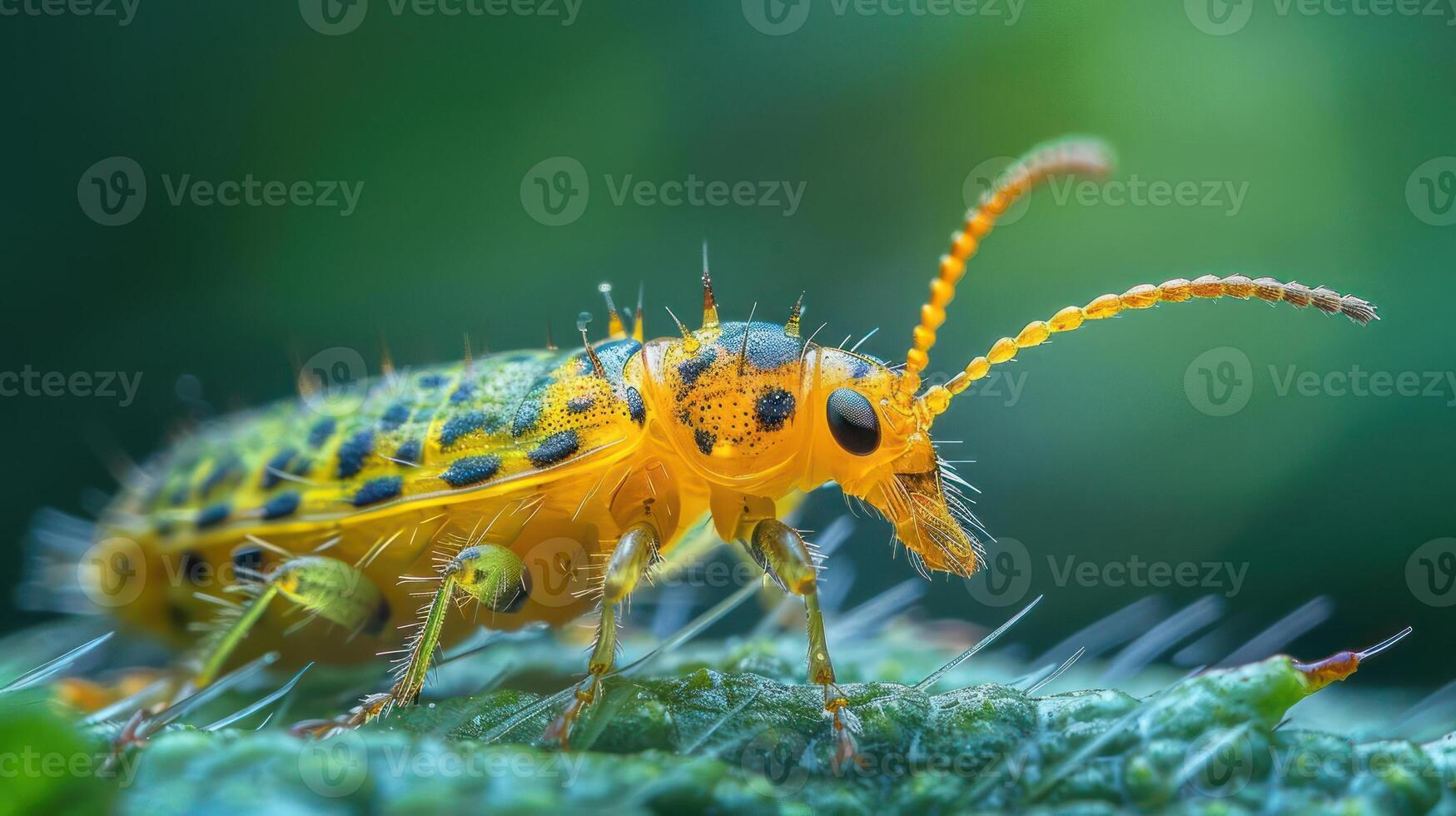 Close-up of a yellow and blue insect on a leaf photo