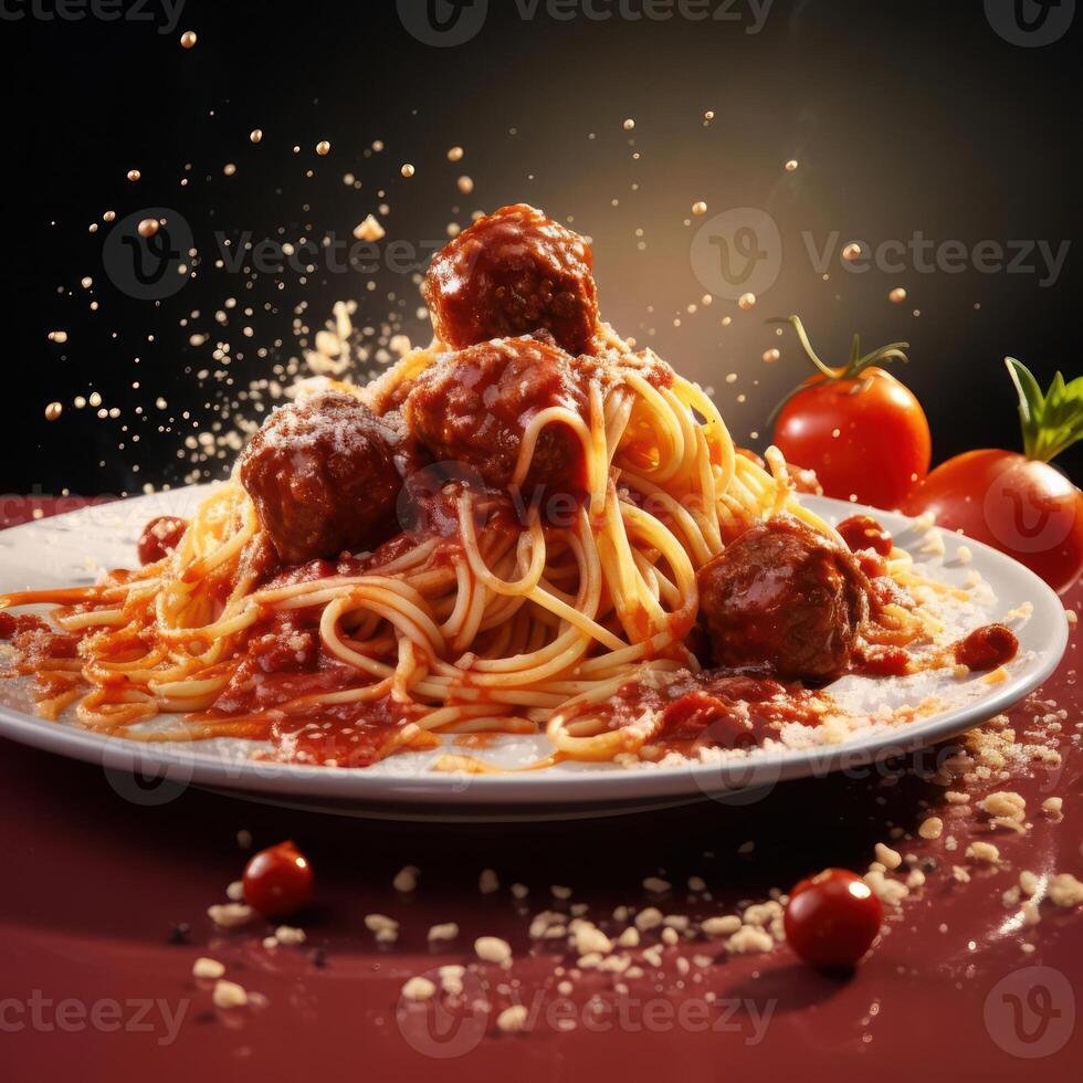 Delicious plate of spaghetti and meatballs with red sauce photo