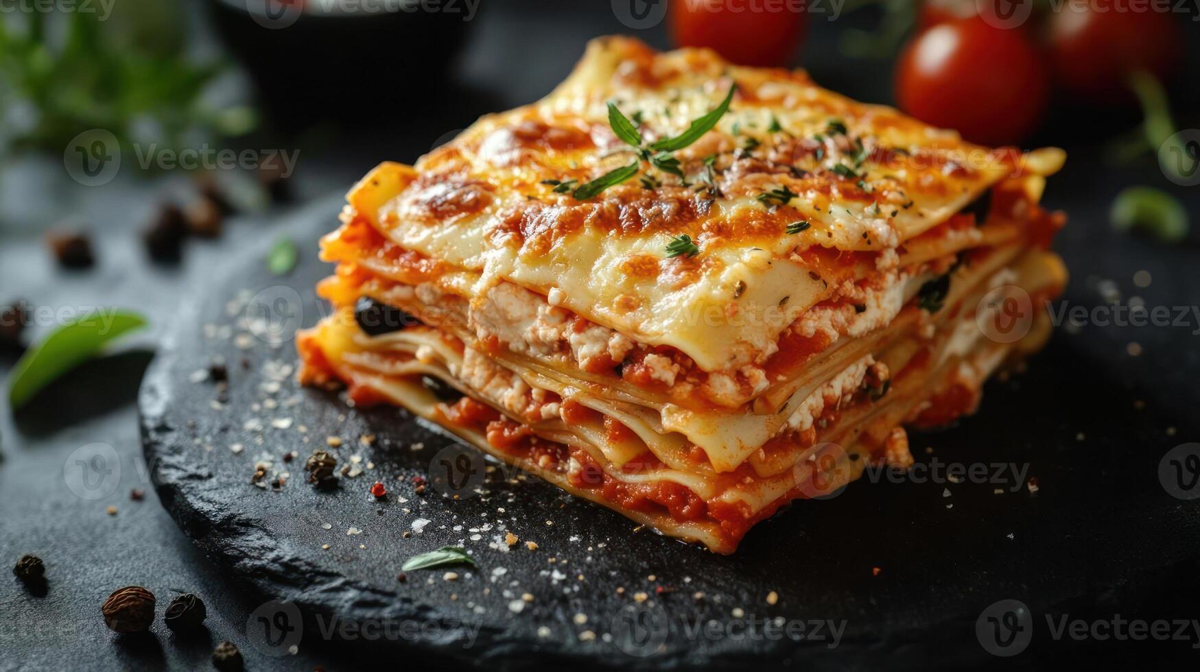 A stack of lasagna with cheese and sauce photo