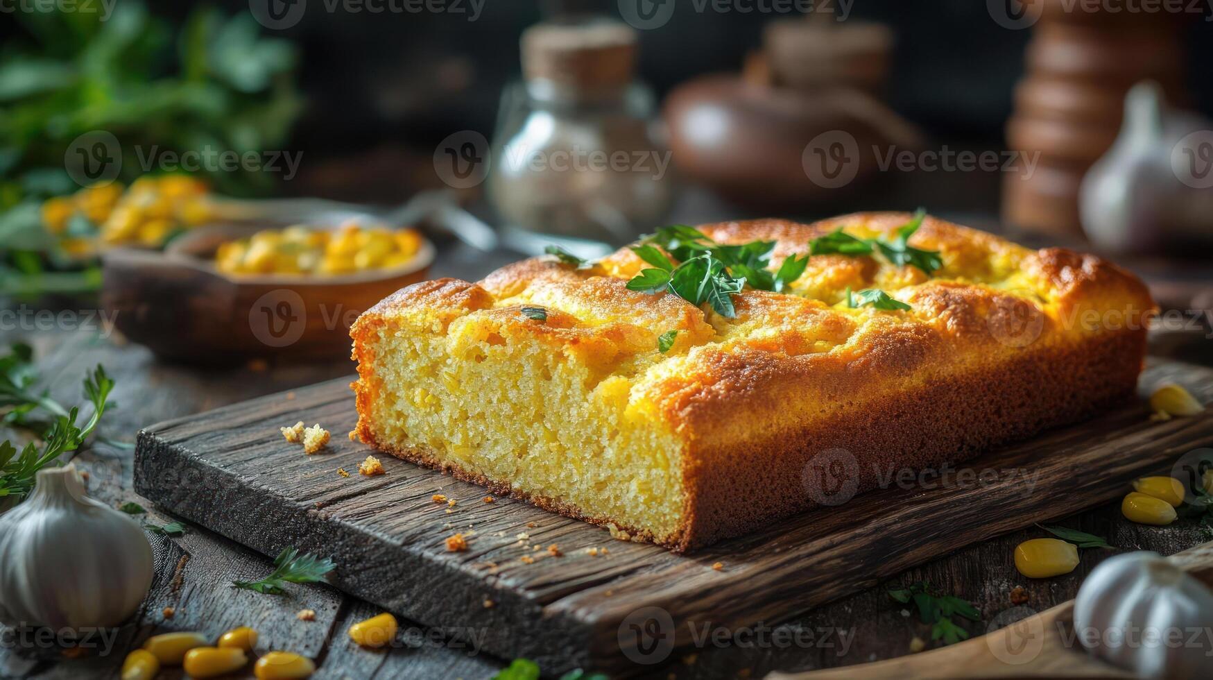 A square-cut cornbread on a wooden cutting board. photo
