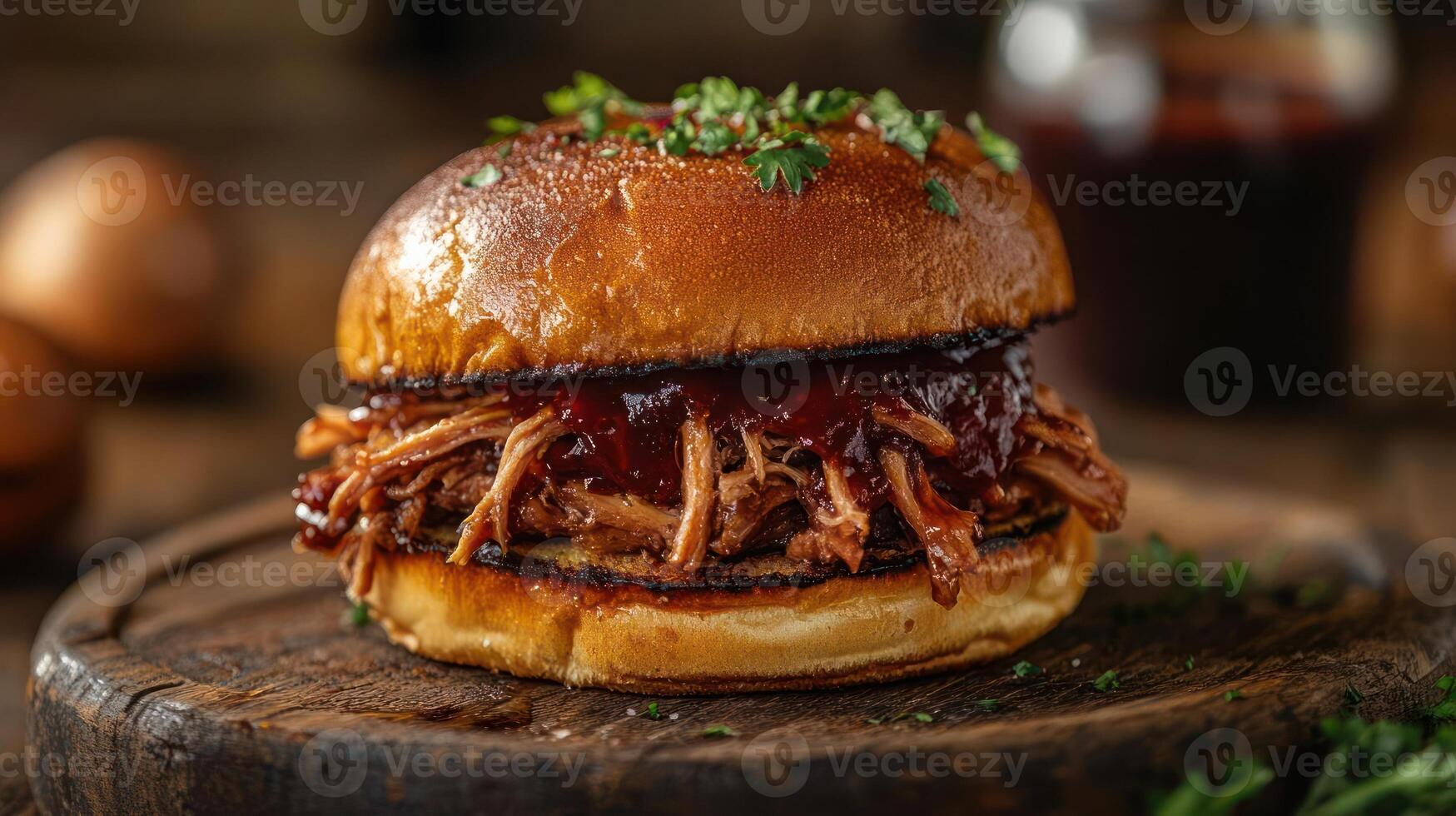 A pulled pork sandwich on a bun with barbecue sauce. photo
