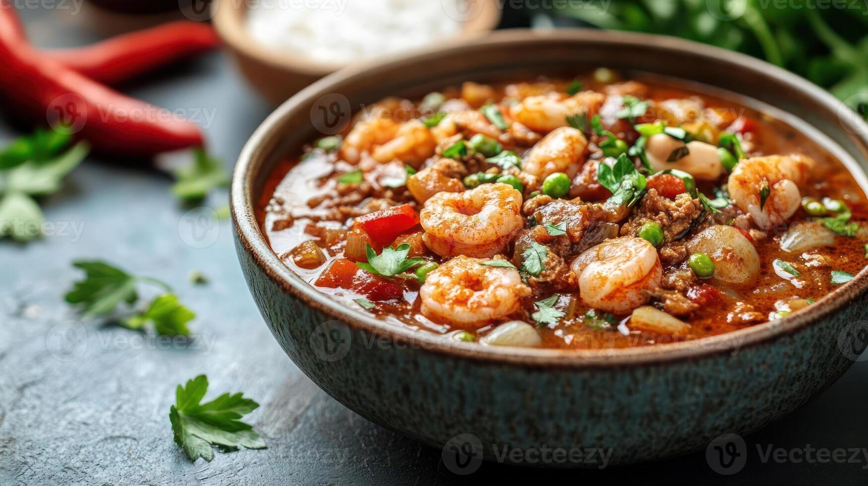 bowl of shrimp and beef stew with vegetables photo