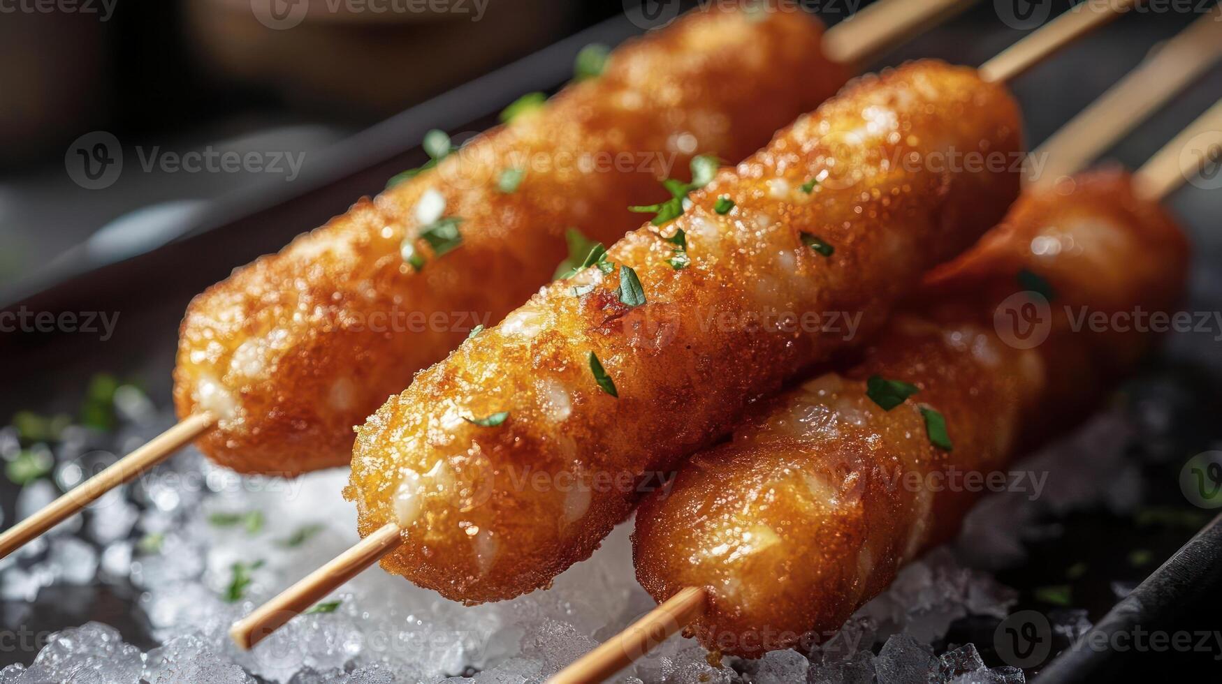 Corn dogs on skewers with green garnish photo