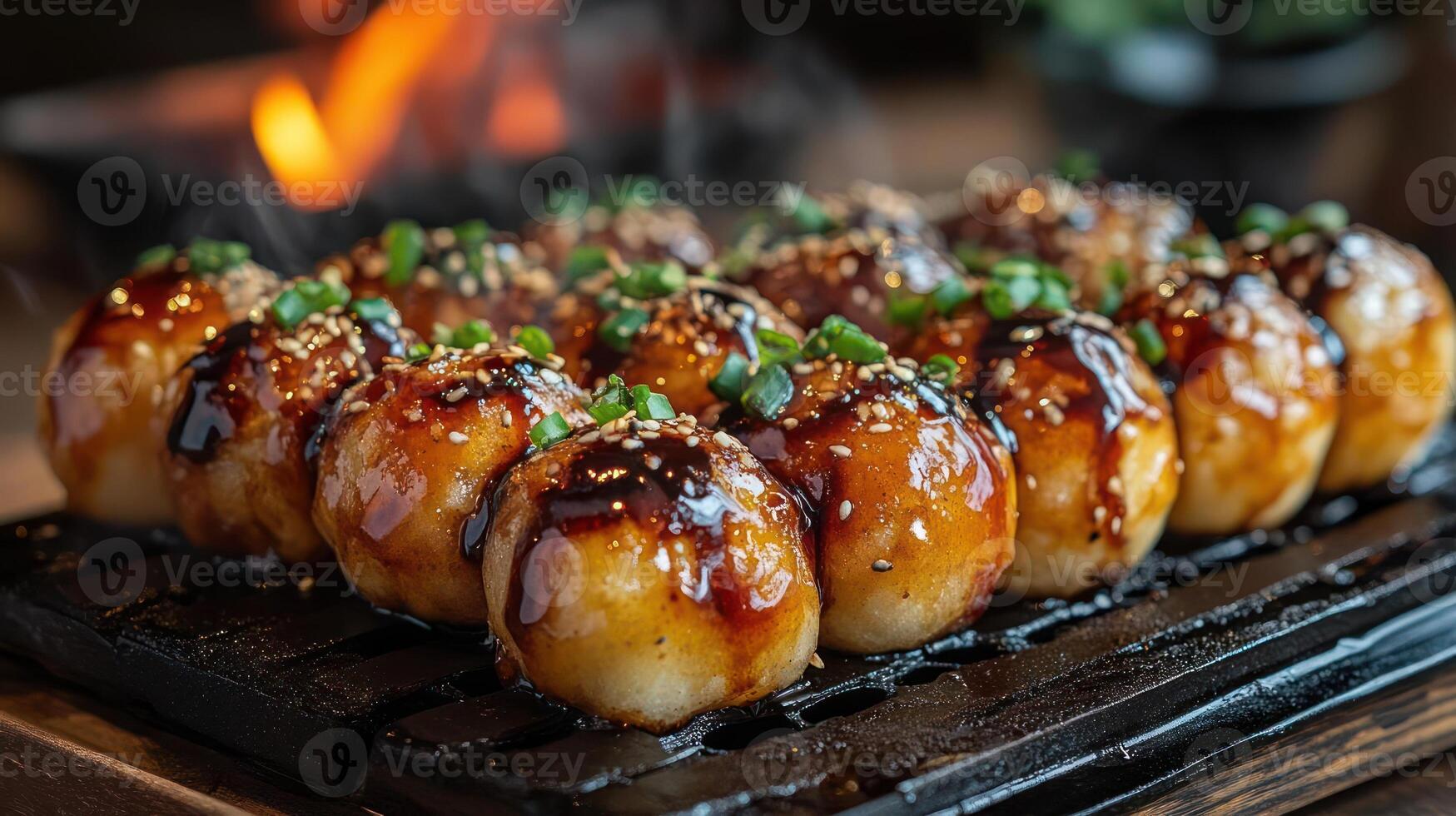 Japanese food, round balls with sauce and sesame seeds on top photo