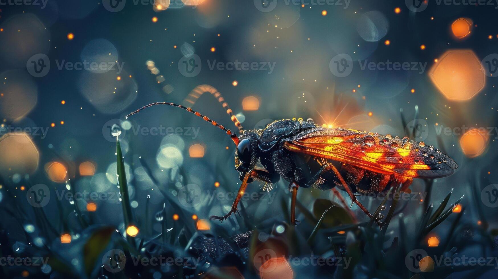 A large beetle with glowing wings standing on grass photo
