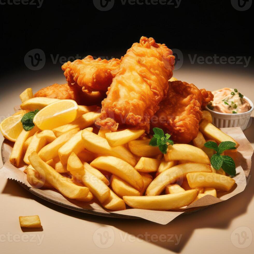 A plate of fish and chips with lemon wedges. photo