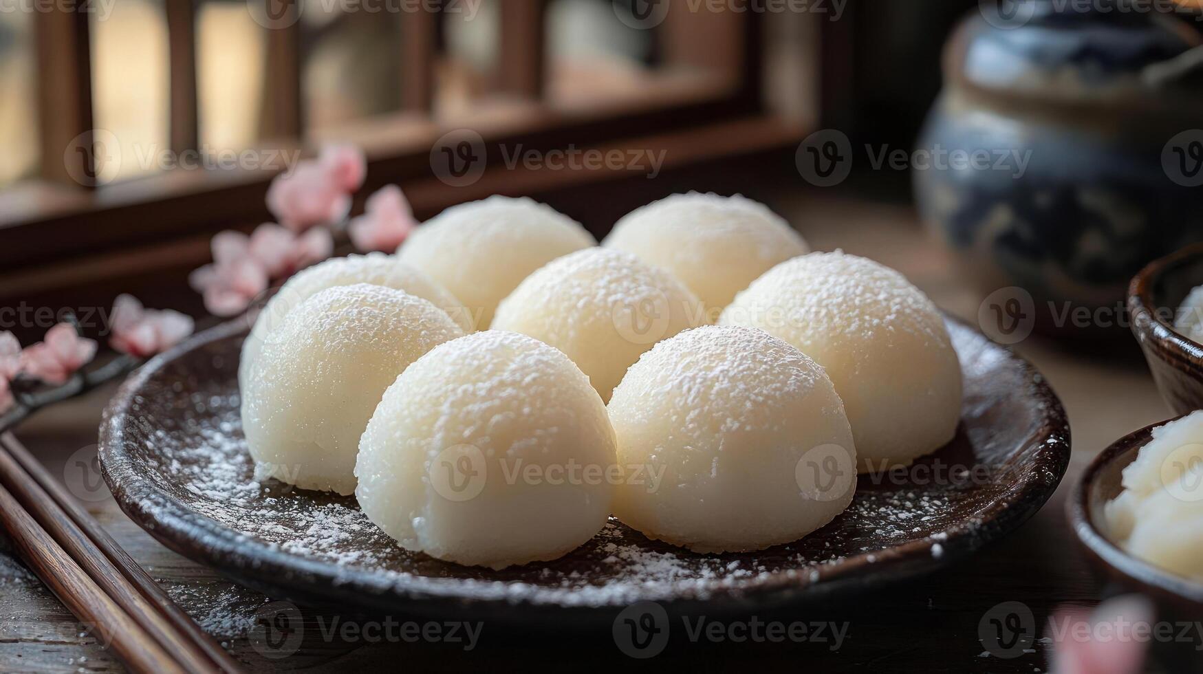 Delicious Japanese sweets on a plate with chopsticks photo