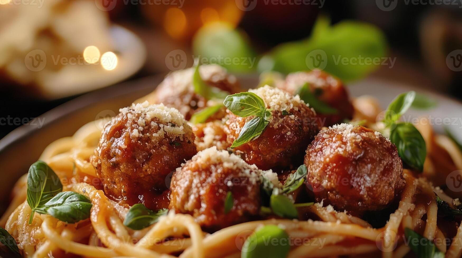 A plate of spaghetti topped with meatballs and basil photo