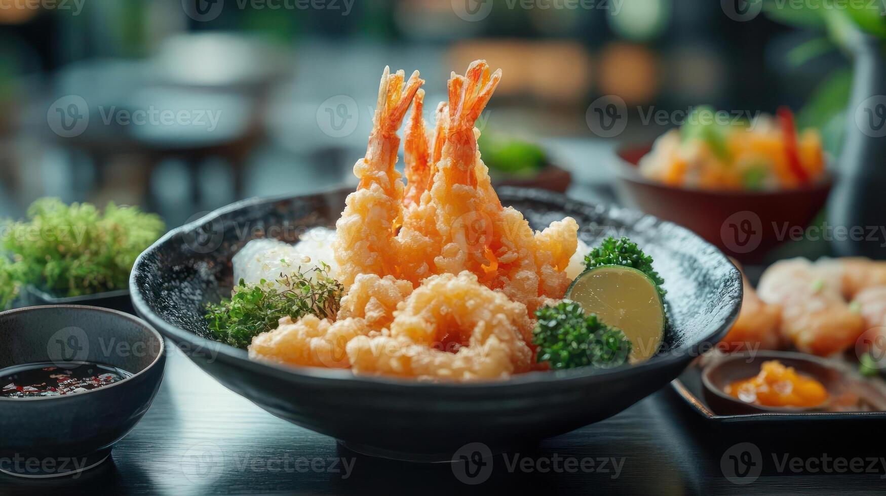A bowl of tempura shrimp with dipping sauce and garnishes. photo