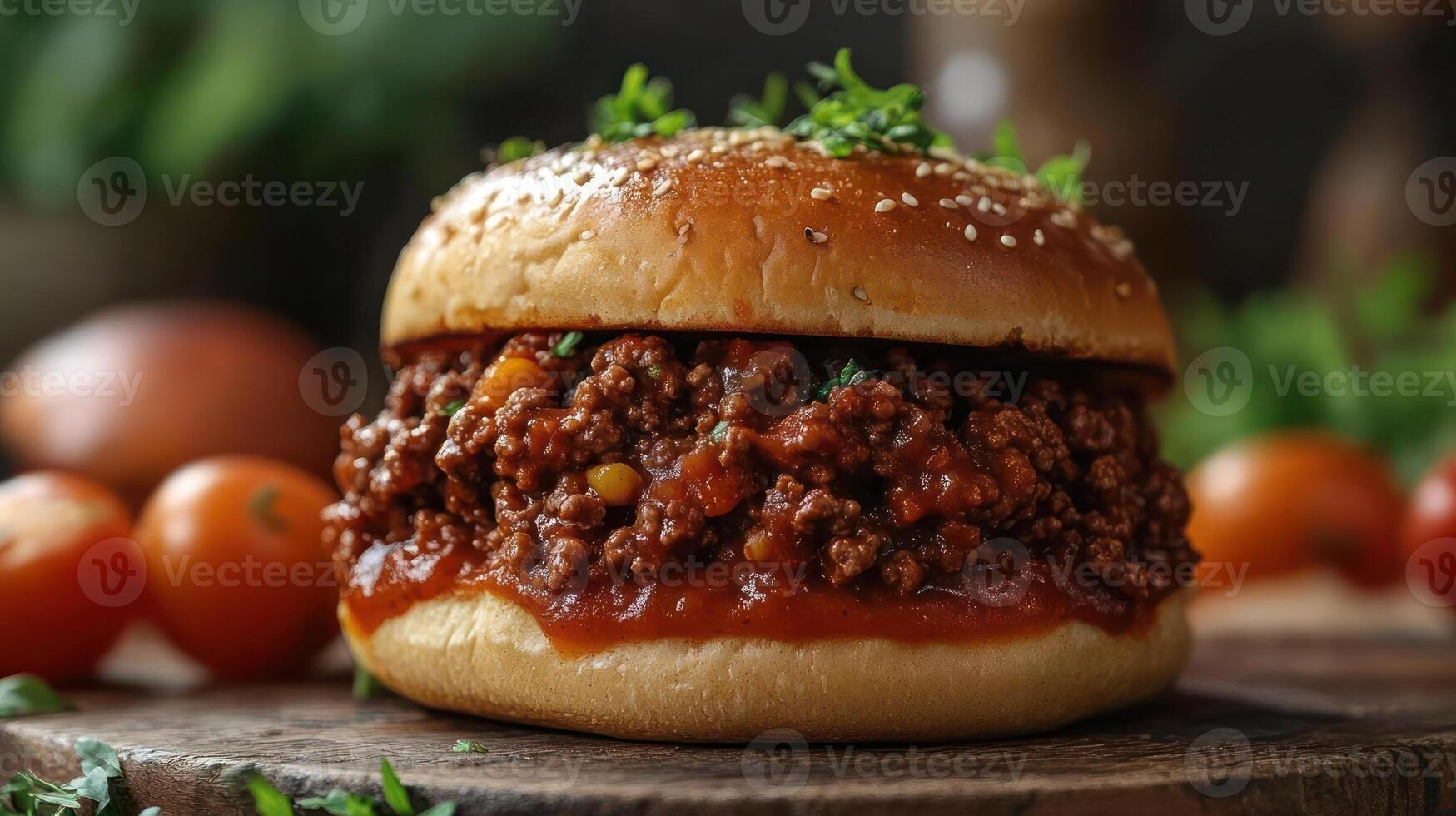 Ground beef sloppy joe sandwich with tomato sauce and sesame seeds photo