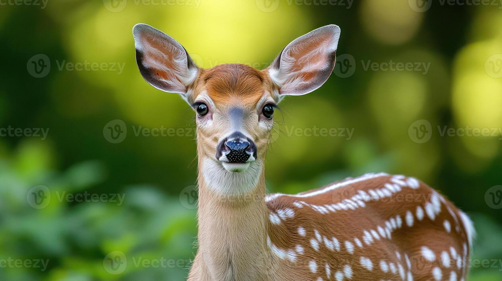 A close-up of a young spotted deer with big ears photo