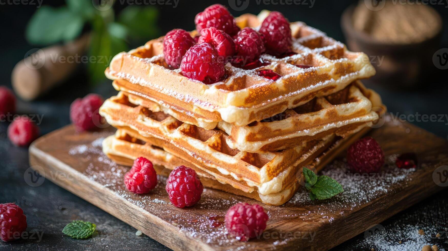 Stack of waffles with raspberries and powdered sugar photo