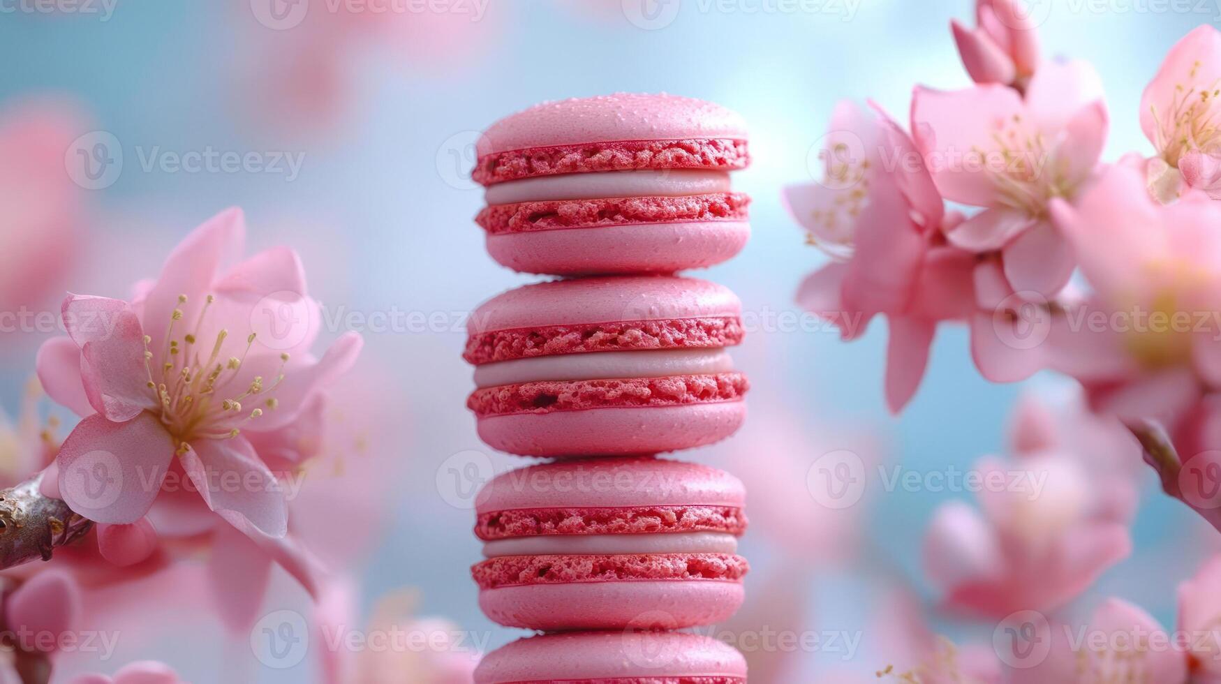Pink macarons with cherry blossoms photo
