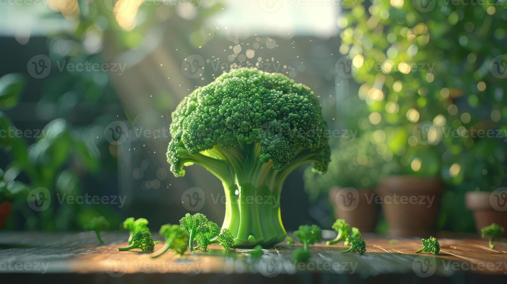 A large broccoli floret with many smaller ones scattered around it photo