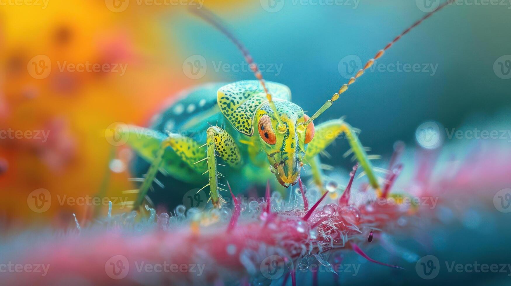 A close-up shot of a green grasshopper on a leaf photo