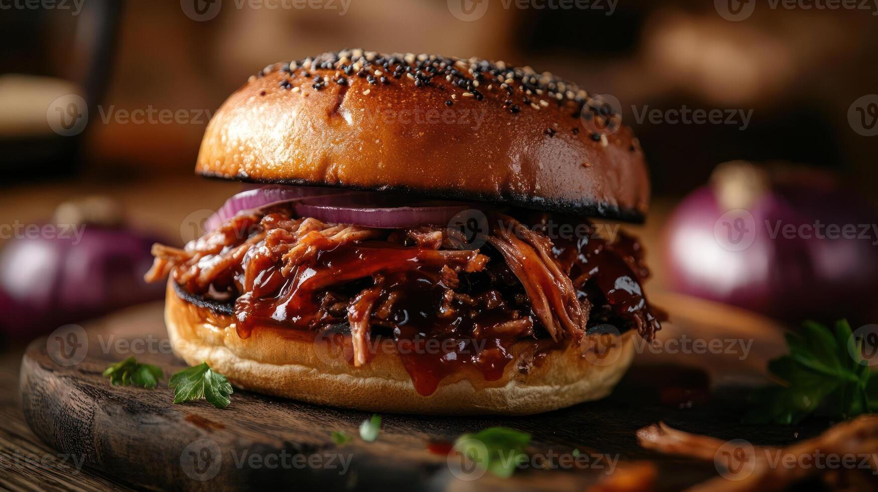 Bbq pulled pork sandwich on a bun with onions and pickles photo