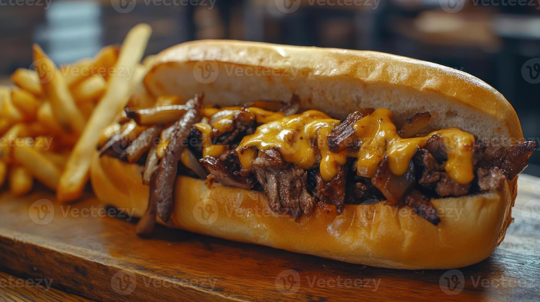 a cheesesteak sandwich and fries on a wooden board photo