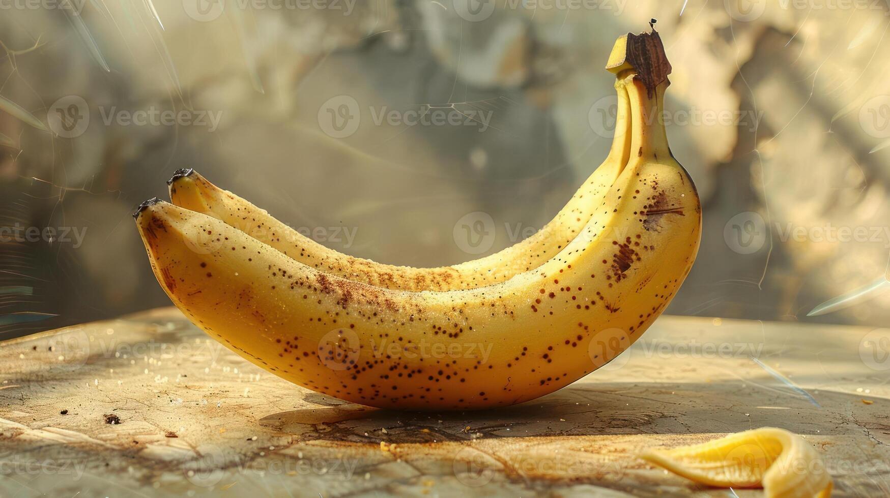 A ripe banana sitting on a table with other fruits photo