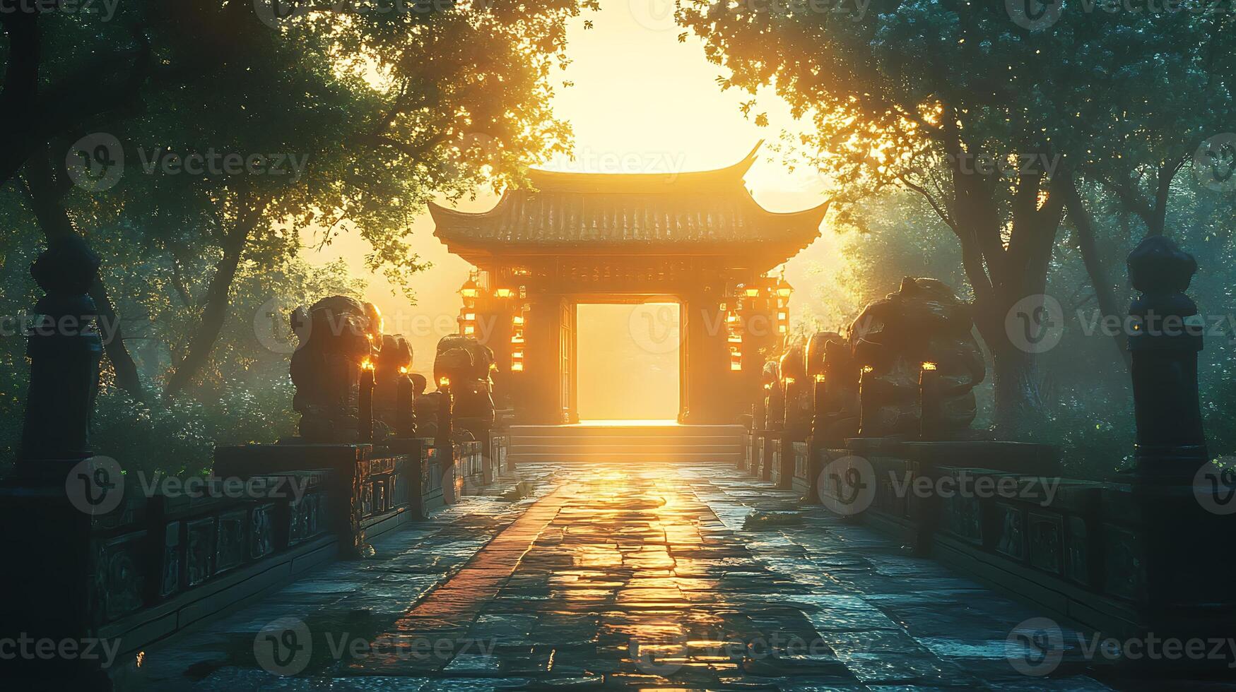 The gate to a chinese temple is lit up at sunset photo