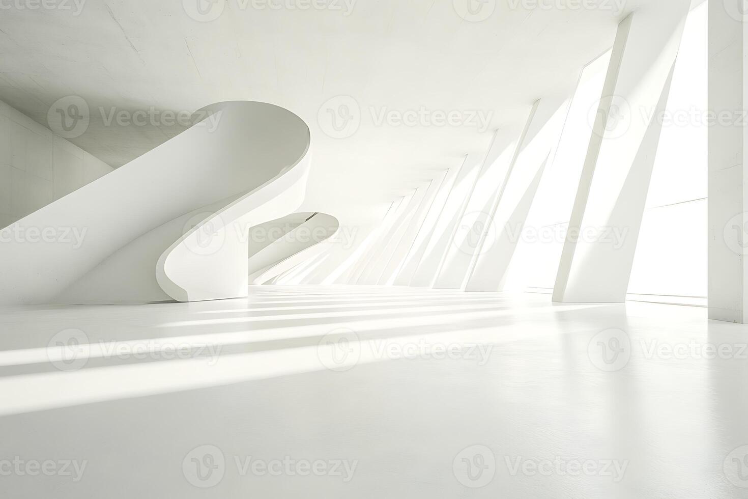 A white room with curved walls and a curved staircase photo
