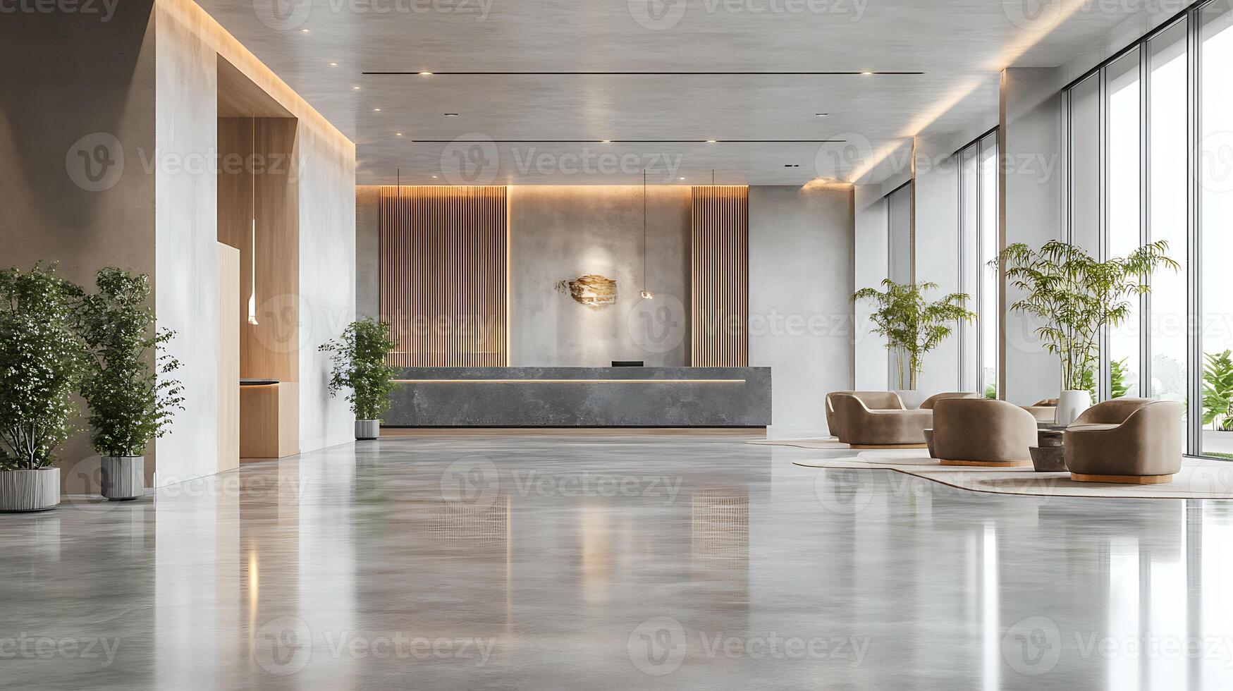 Modern office lobby with large windows and a reception desk photo