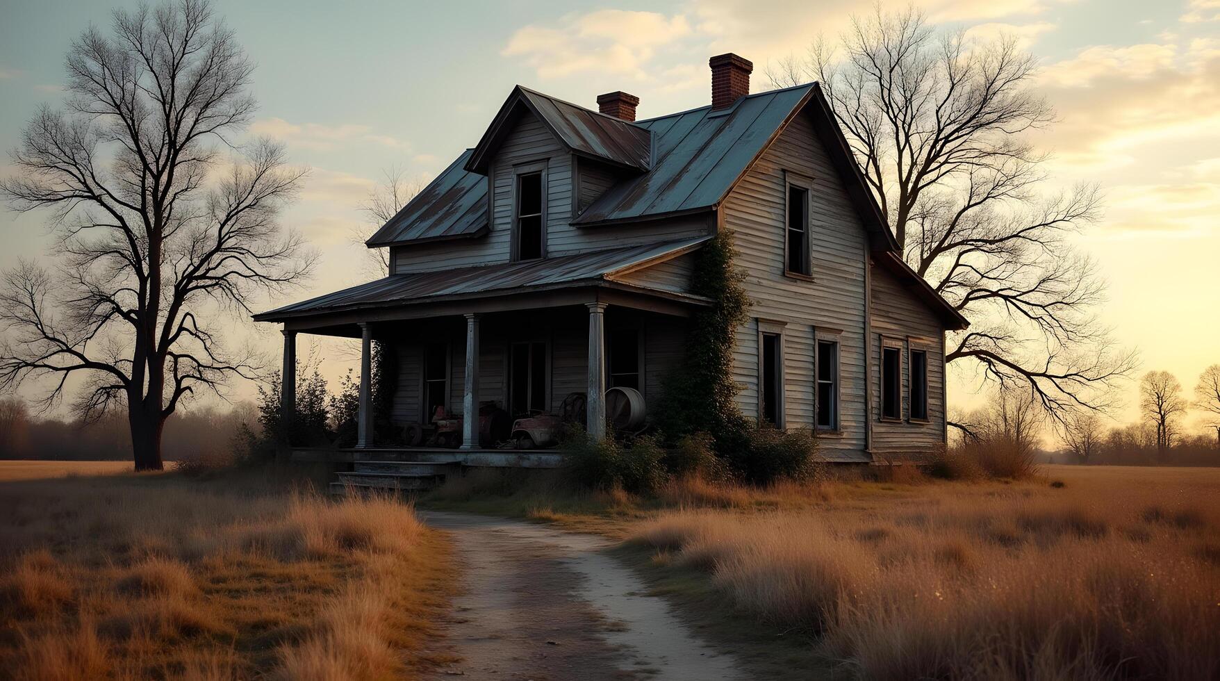 Weather-beaten farmhouse under dark clouds photo