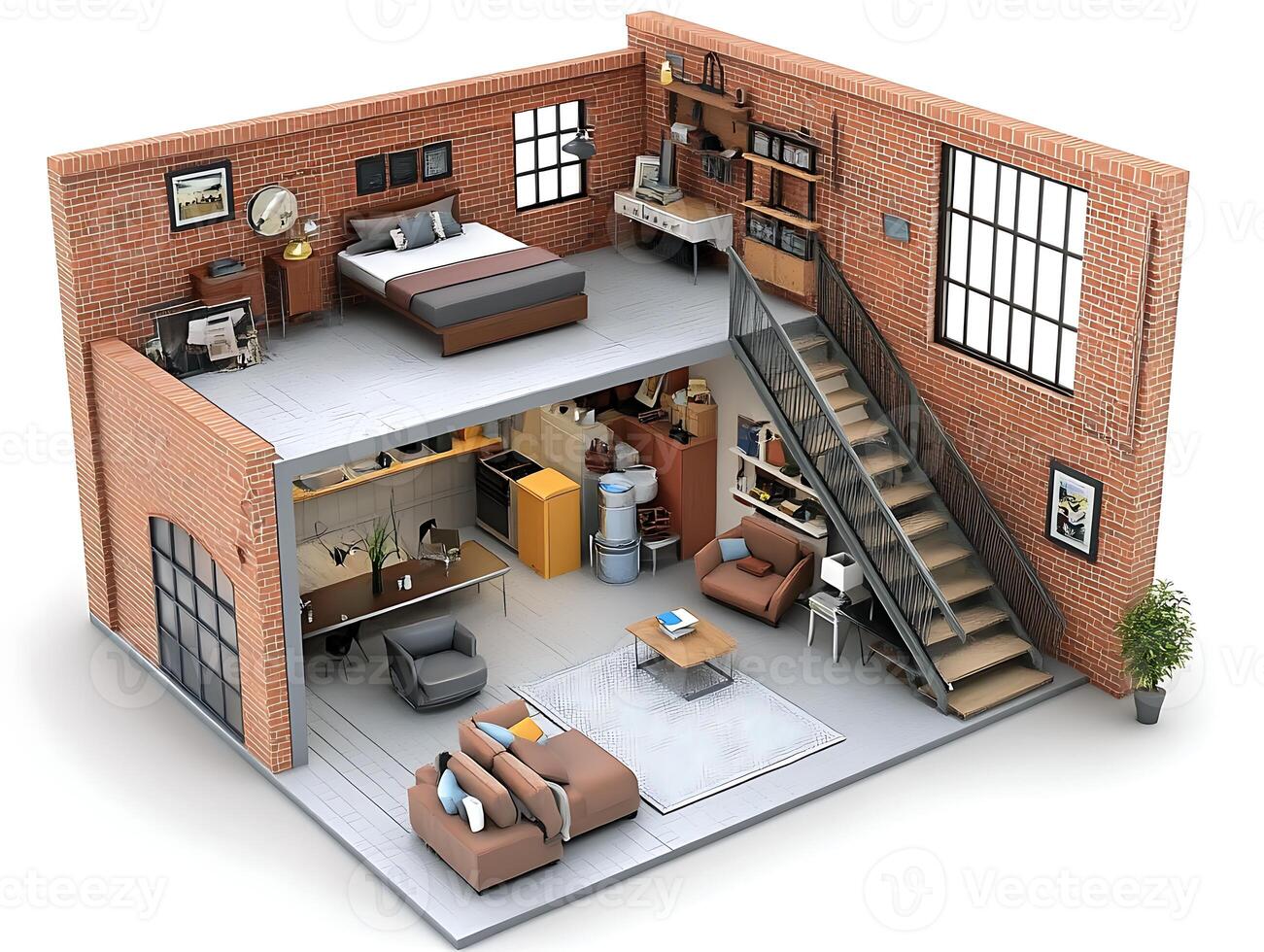 A 3d model of a small apartment with stairs and furniture photo