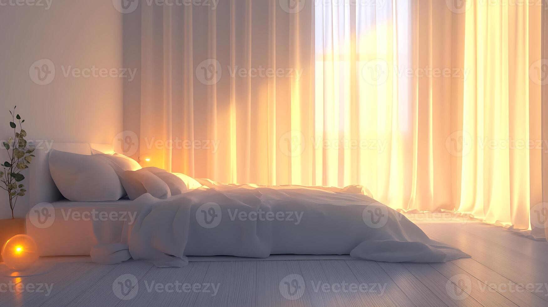 A bedroom with a bed and a lamp photo