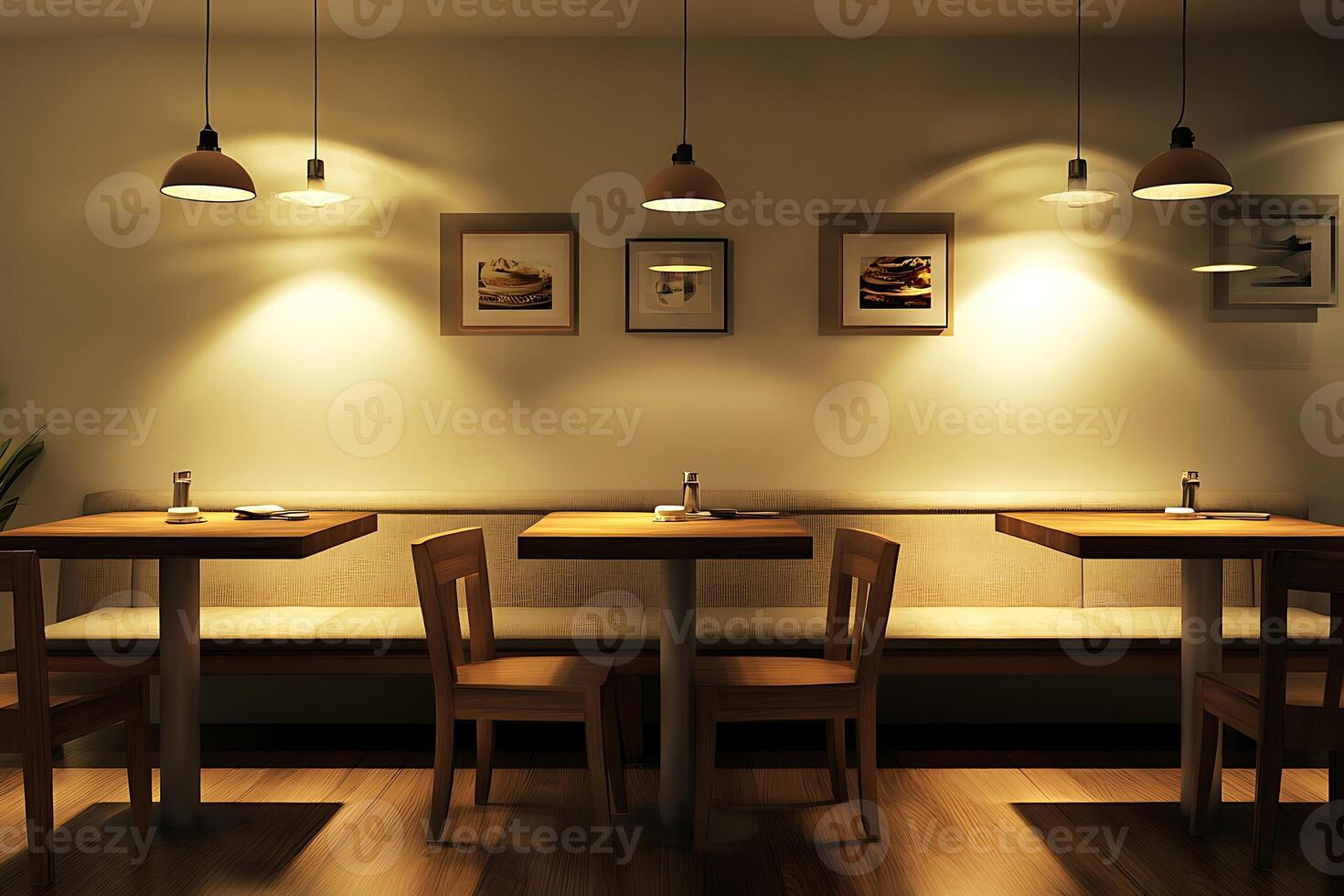 A restaurant with tables and chairs in a dimly lit room photo