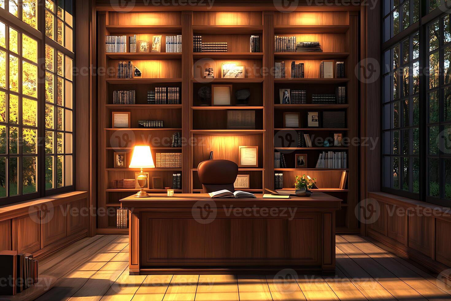 A desk and a lamp in a room with a bookcase photo