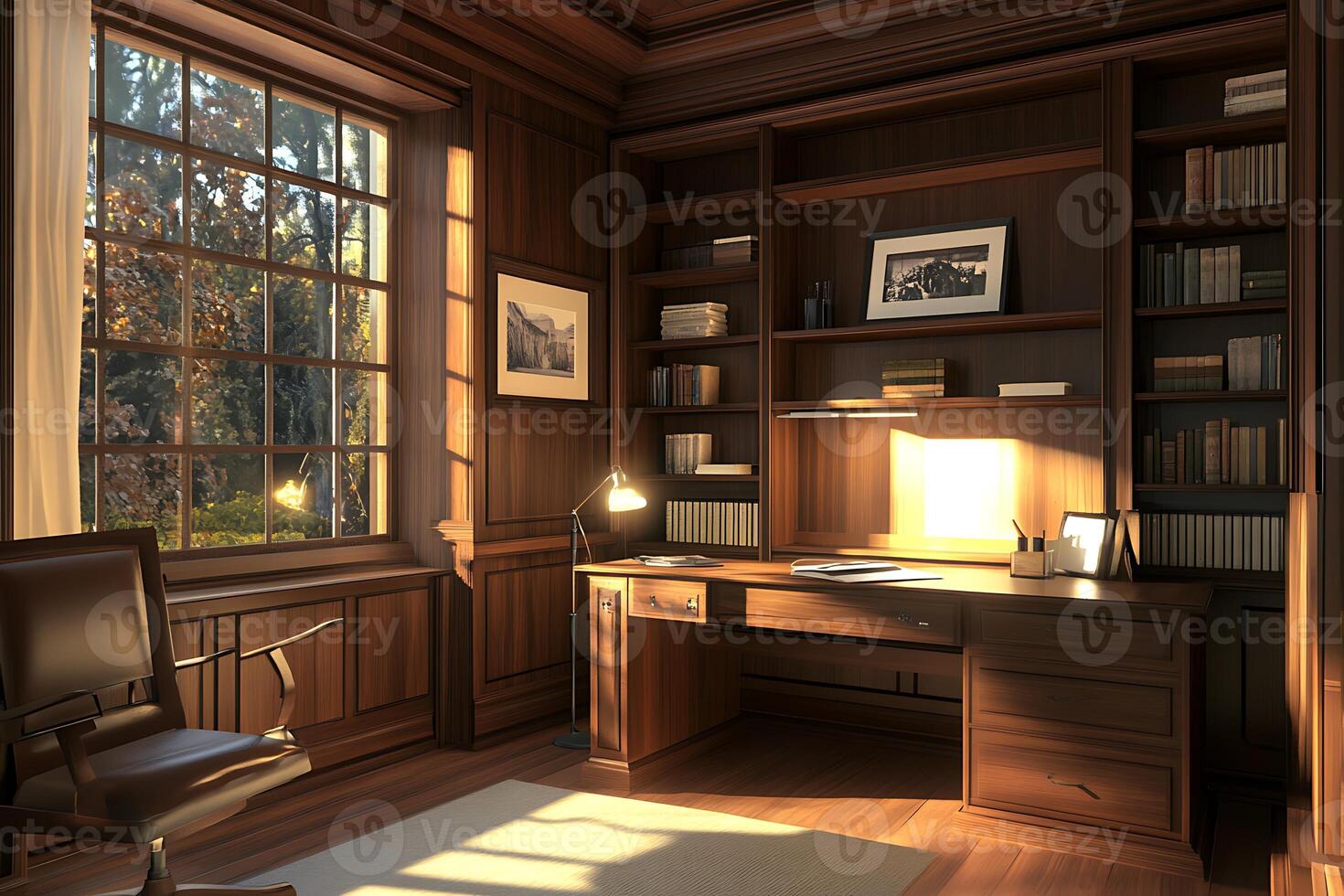 A desk and chair in a room with a window photo