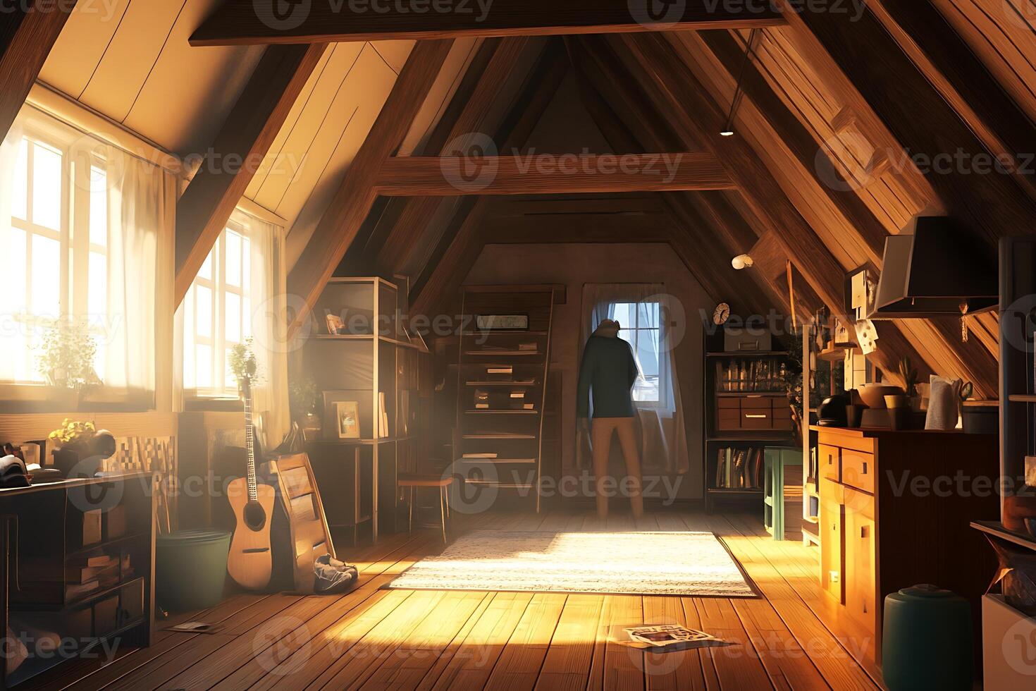 An attic room with a guitar and a piano photo