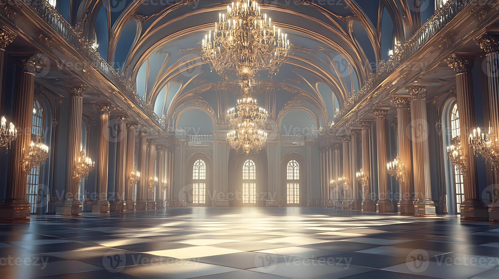 A large room with chandeliers and a checkered floor photo