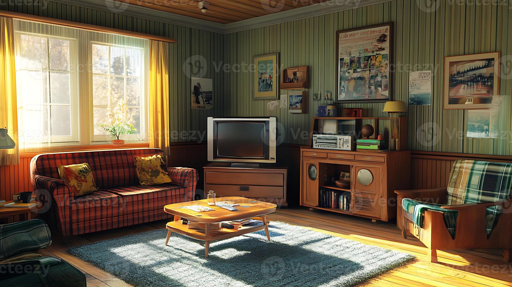 A living room with a couch, a table, a tv, and a chair photo