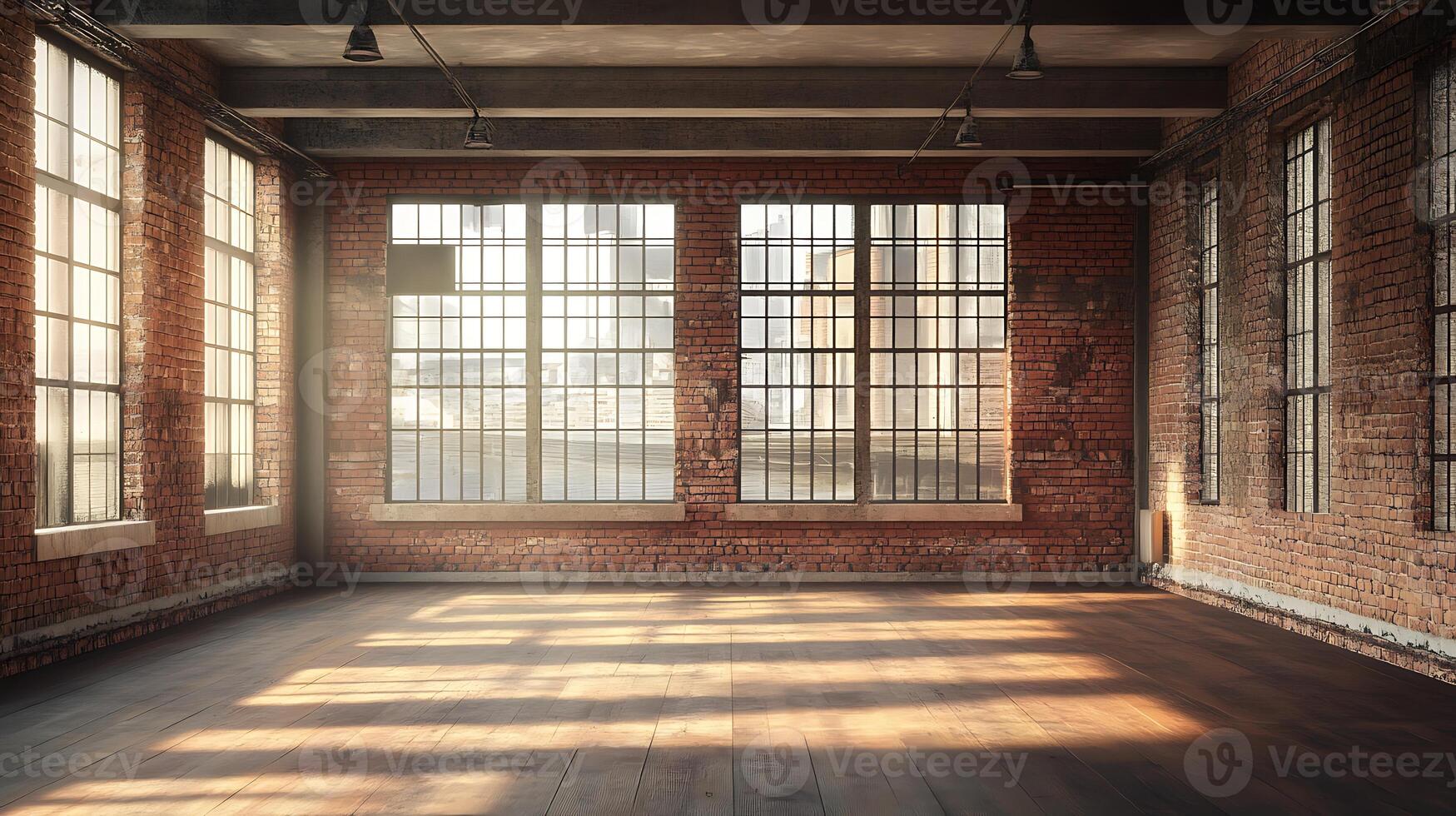 An empty room with windows and wood floors photo