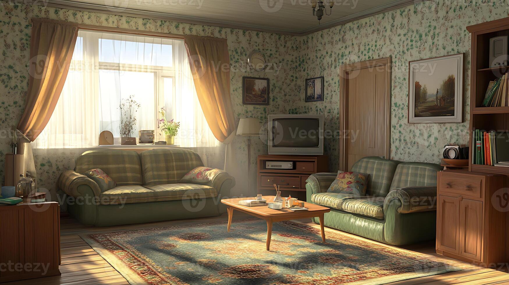 A living room with a couch, a table, a chair, a lamp, a window, photo