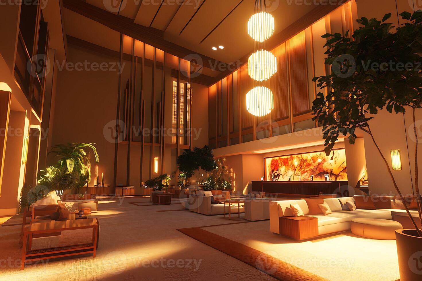A large lobby with a bar and a lot of plants photo