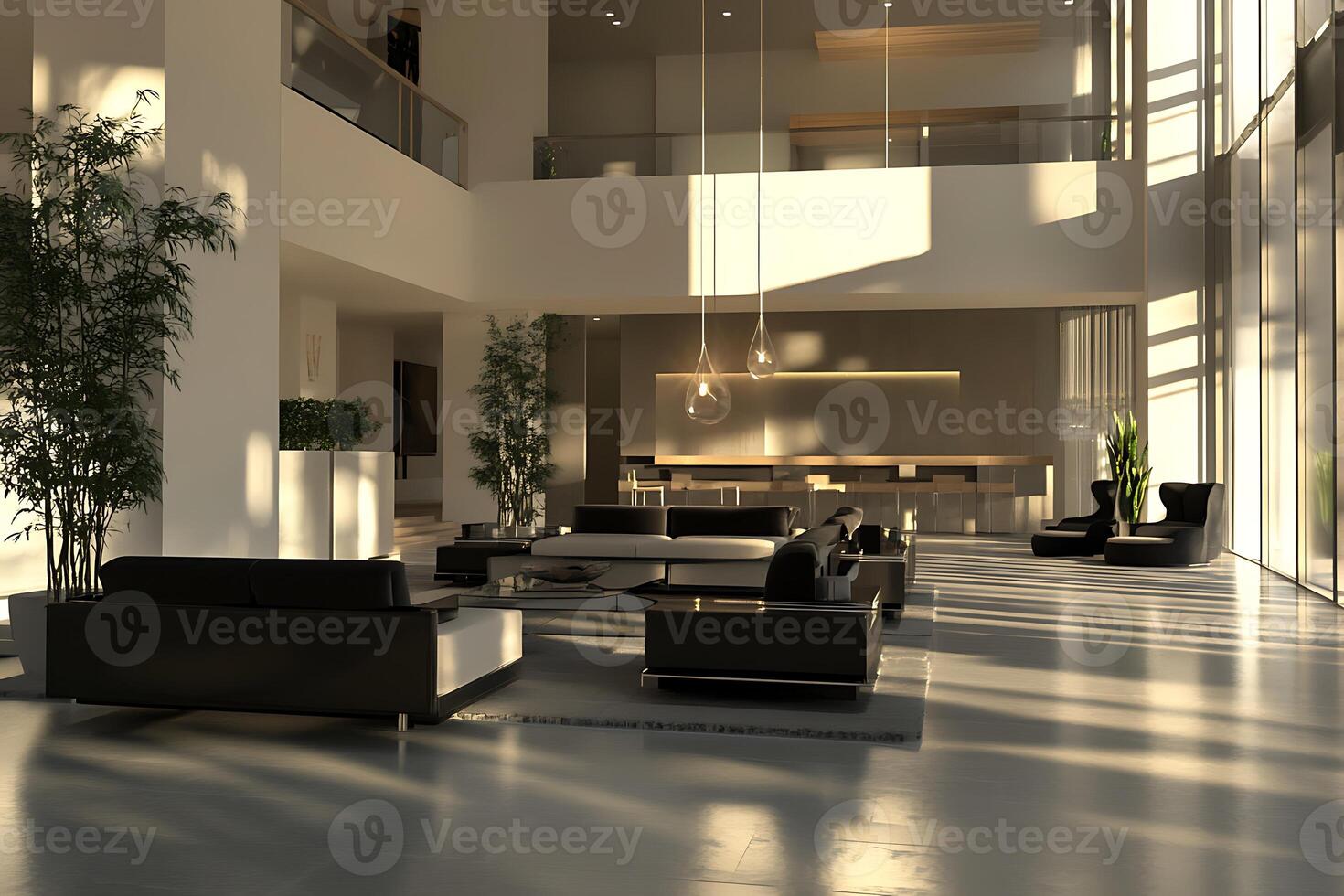 A large lobby with a large window and a large table photo