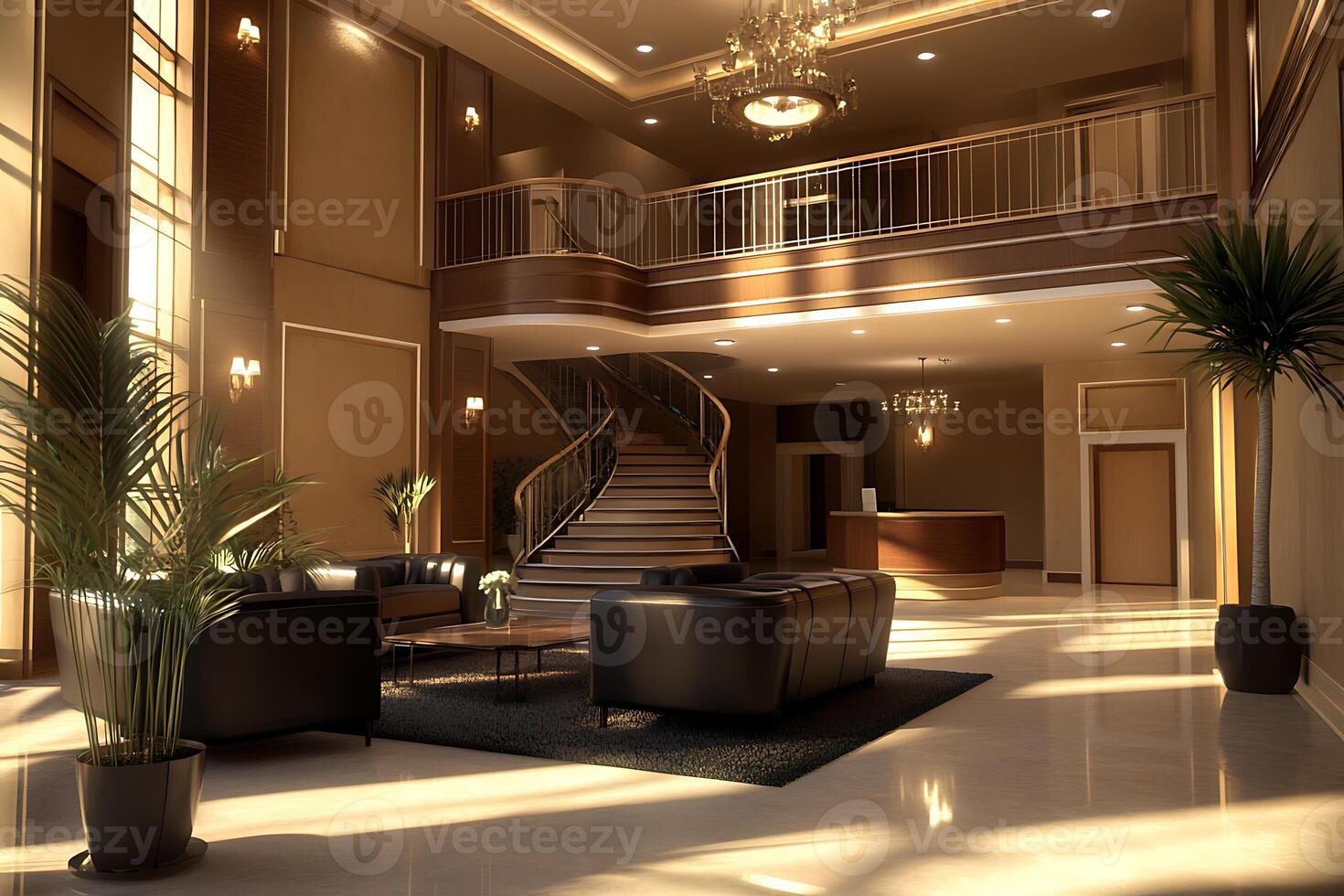 A large lobby with a staircase and a large staircase photo