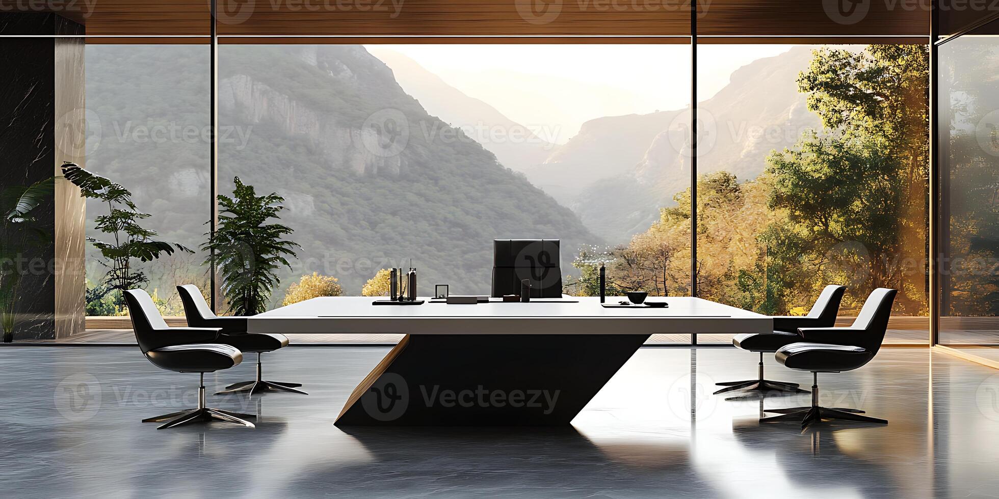 A modern office with a large table and chairs photo