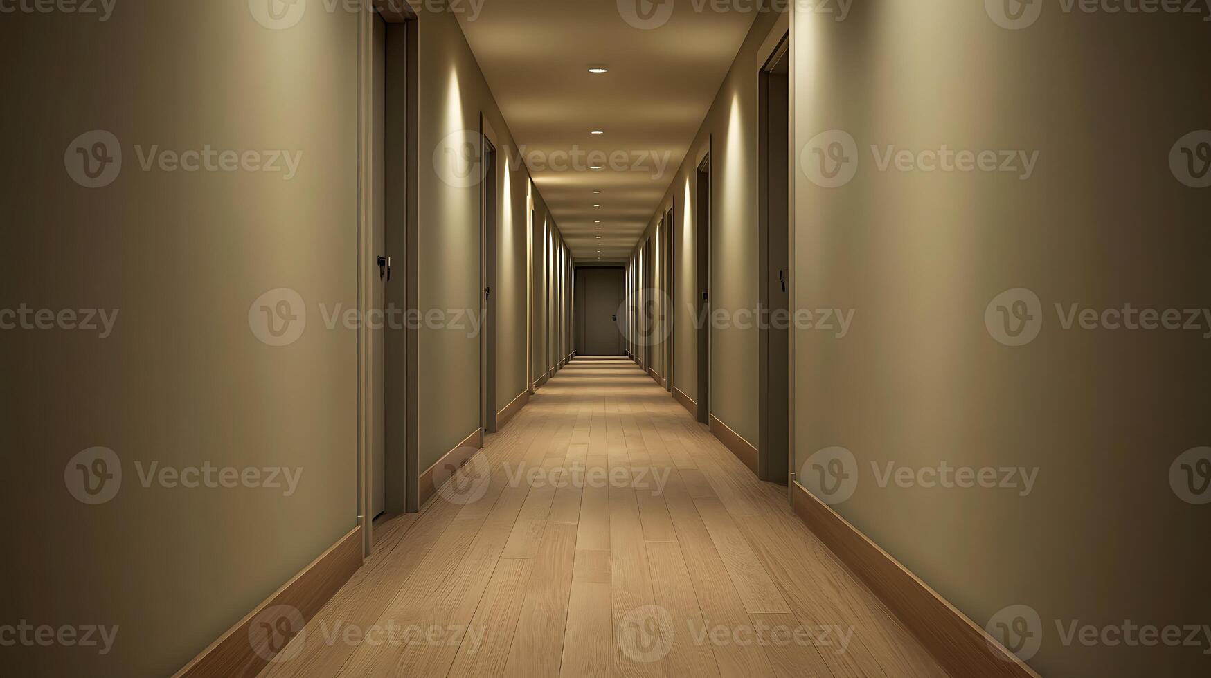 A long hallway with wooden floors and light coming from the ceiling photo