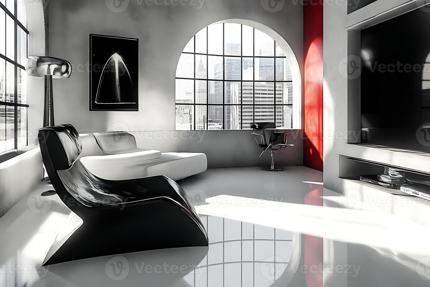A modern living room with a black and white chair photo